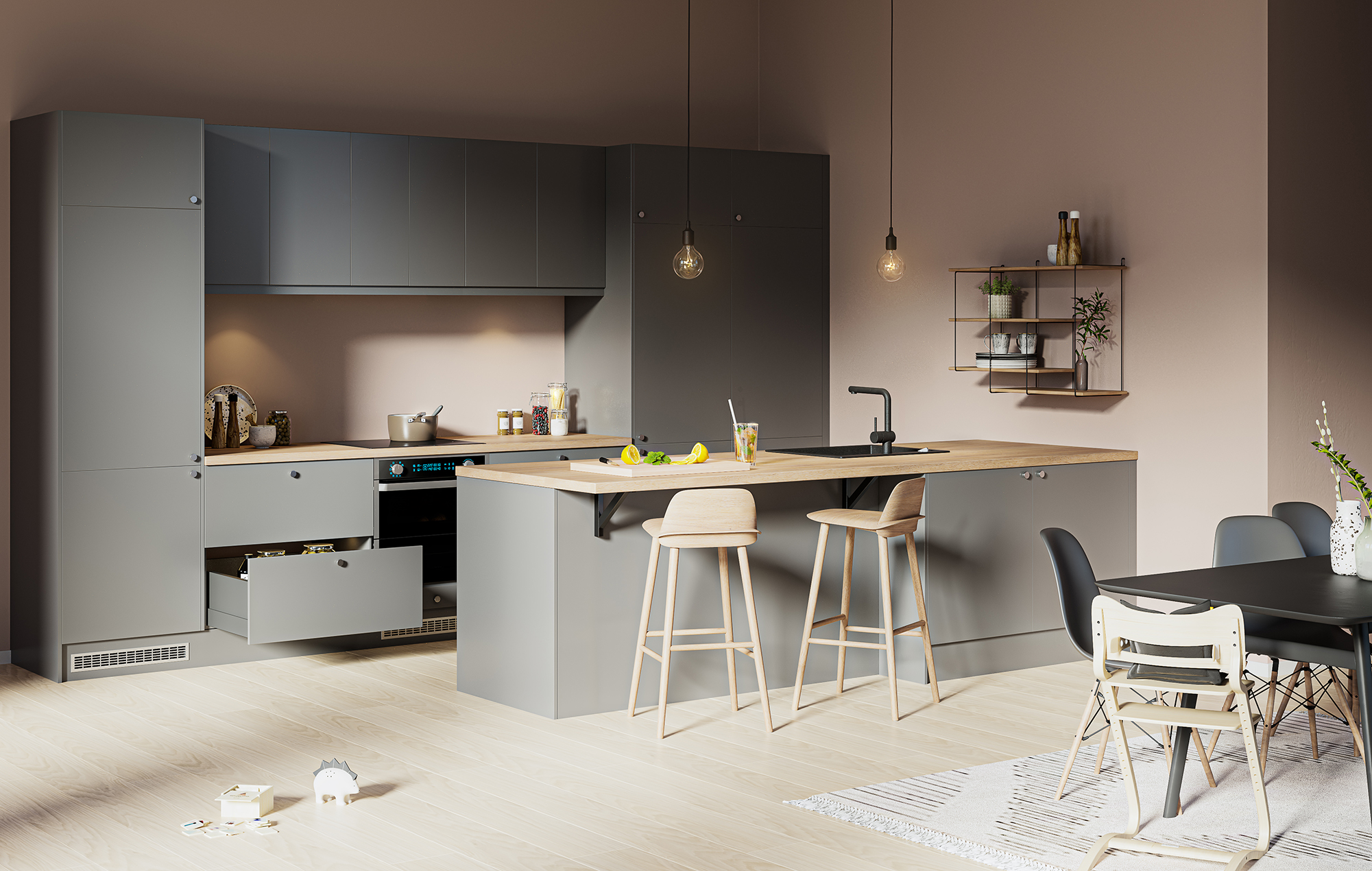 Trend Warm Grey er en varm mellomgrå farge Kjøkkenserien Trend i fargen Warm Grey