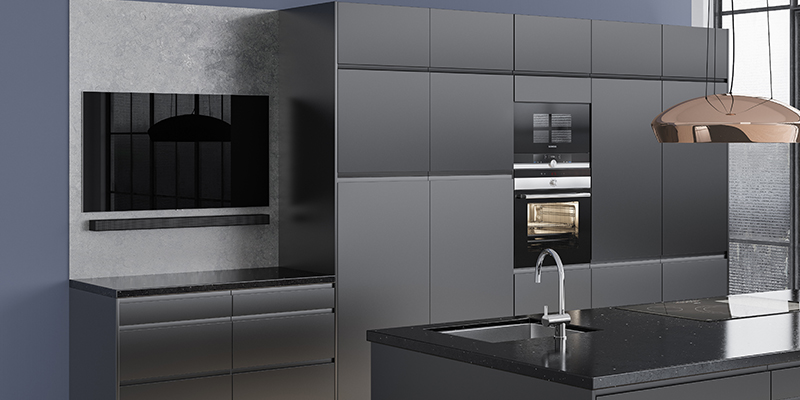 Integra Black er en elegant, dyp sort model som passer perfet inn i det moderne hjem Sort håndtaksfritt kjøkken - Integra Black fra Epoq