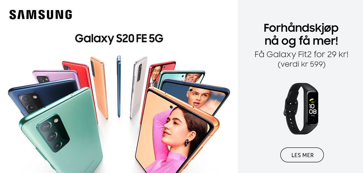 Forhåndsbestill nå og få mer! Få Galaxy Fit2 for 29 kr! (Verdi 599 kr.) Samsung Galaxy S20 FE-banner med kampanjetekst: Forhåndsbestill nå og få mer! Få Galaxy Fit2 for 29 kr! (Verdi 599 kr.)