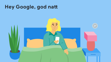 Hey Google, jeg er hjemme! Tegning av kvinne som kommer hjem