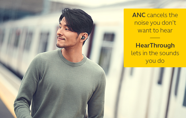 Jabra Elite 85t er helt trådløse ørepropper med aktiv støydemping Mann med Jabra Elite 85t helt trådløse ørepropper og tekst om ANC