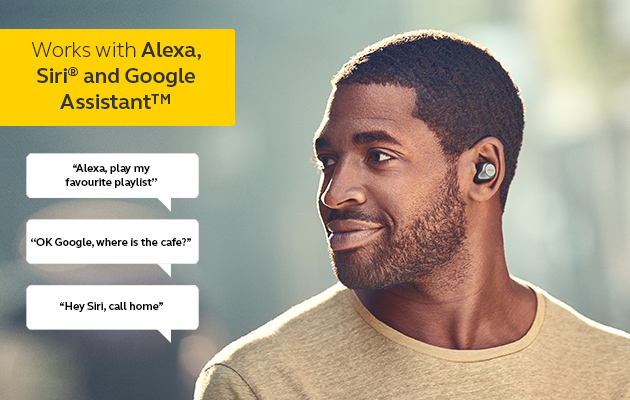 Elite 85t fungerer med Alexa, Siri og Google Assistant Mann med Jabra Elite 85t helt trådløse ørepropper og tekst om stemmeassistenter
