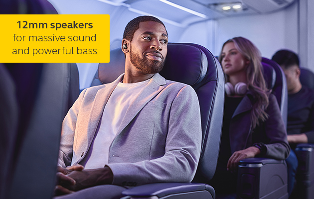 Jabra Elite 85t er helt trådløse ørepropper 12mm store høyttalere Mann med Jabra Elite 85t helt trådløse ørepropper og tekst om høyttalere