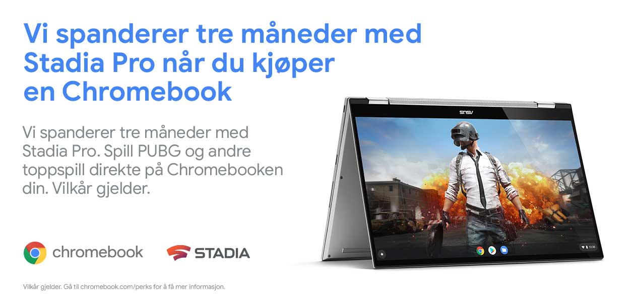 Få 3 måneders gratis bruk av Stadia Pro Chromebook og kampanjetekst
