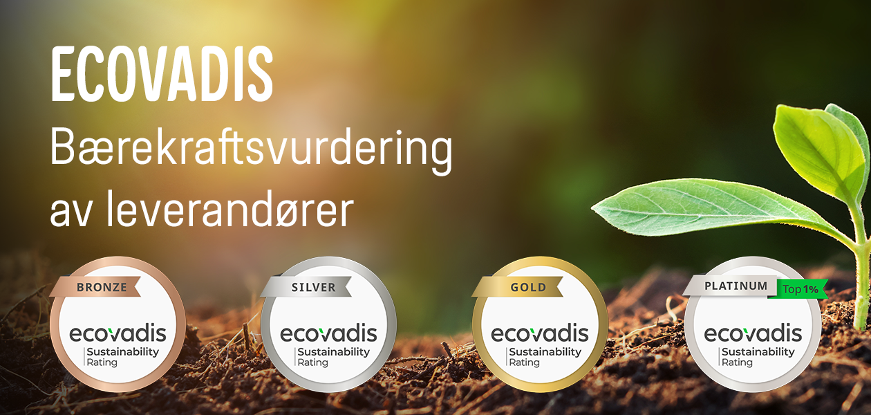 EcoVadis – Bærekraftsvurdering av leverandører De fire EcoVadis medaljene vises med tekst