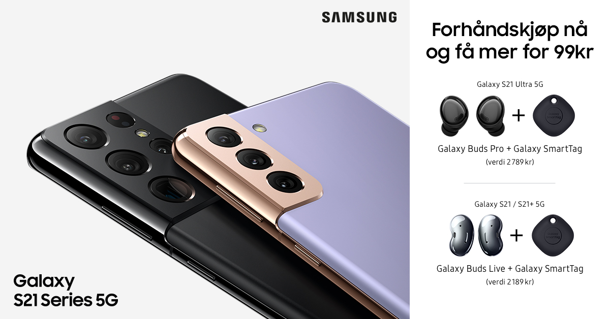 Samsung Galaxy S21 Ultra, S21 og S21 Plus overgår virkeligheten – forhåndbestill i dag og få et godt tilbud! Samsung Galaxy S21 på banner
