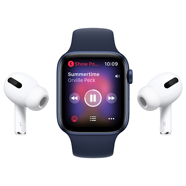 Strøm 70 millioner sanger med Apple Music Apple Watch Series 6 med AirPods Pro