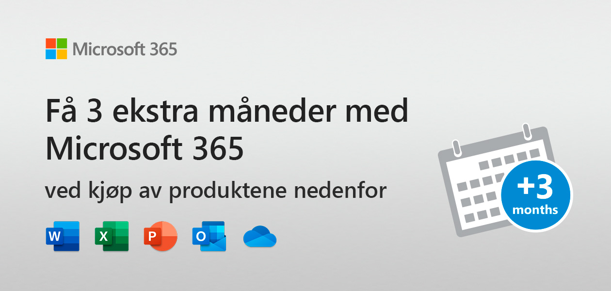 Få 3 ekstra måneder med Microsoft 365 Banner med Microsoft 365-logoer og teksten “Få 3 ekstra måneder med Microsoft 365