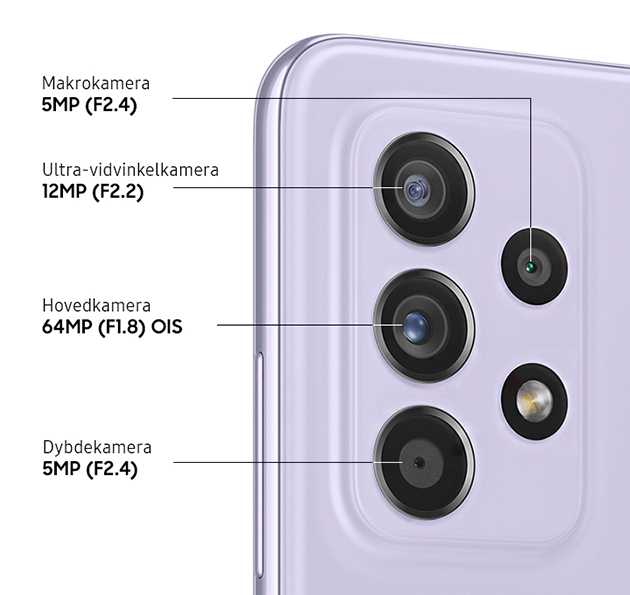 Samsung Galaxy A52 har et stabilt og fleksibelt kamera Samsung Galaxy A52 og kameraets spesifikasjoner