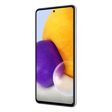 Opplev en sAMOLED Infinity-O-skjerm på 6,7 tommer med en oppdateringsfrekvens på 90 Hz Samsung Galaxy A72 skrått forfra