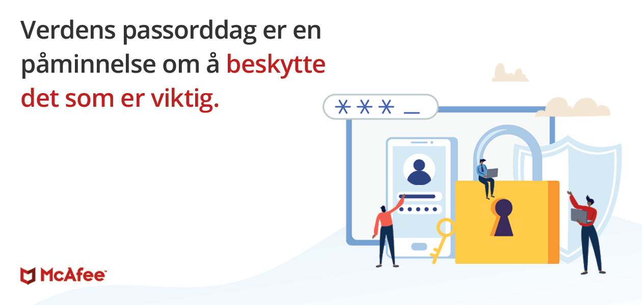 McAfee World Password Day Tekst med World Password Day og motiv med hengelås, telefon og sikkerhetssymboler
