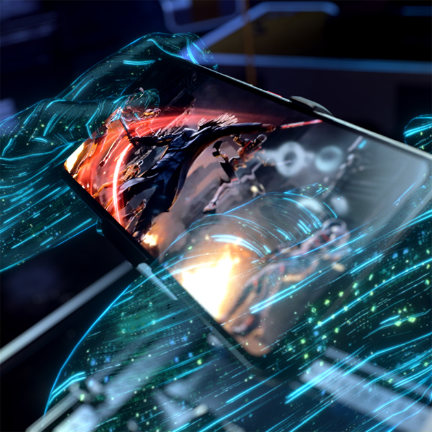 En overlegen skjerm til den ultimate gamingmobilen Asus ROG 5 med omriss av hender