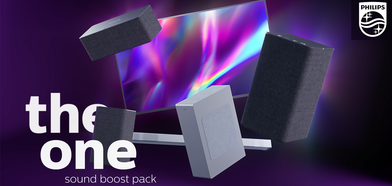 Få 30% på Philips lydplanke og WiFi-høyttalere En TV med lydplanke og høyttalere ved side nav med teksten “the one sound boost pack”