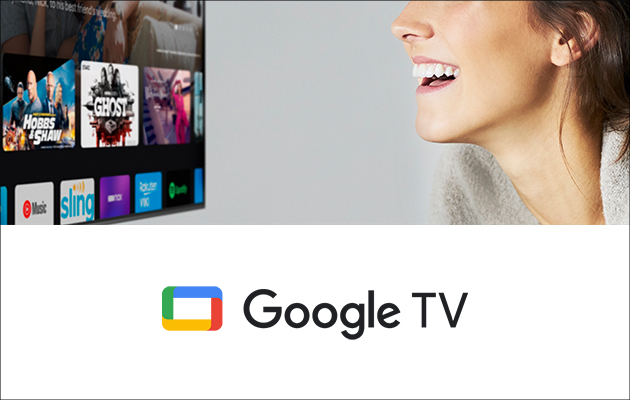 Styr 4K-TV-en med stemmen Deler av skjerm og kvinne med Google TV-logo under