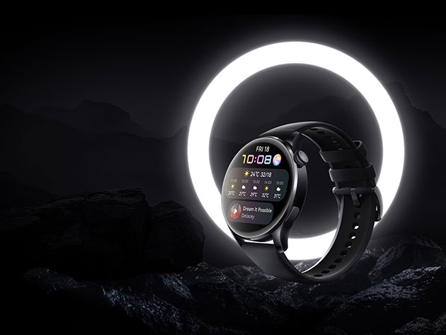 Klokken har en SOS-funksjon Huawei Watch 3 mot en sort bakgrunn