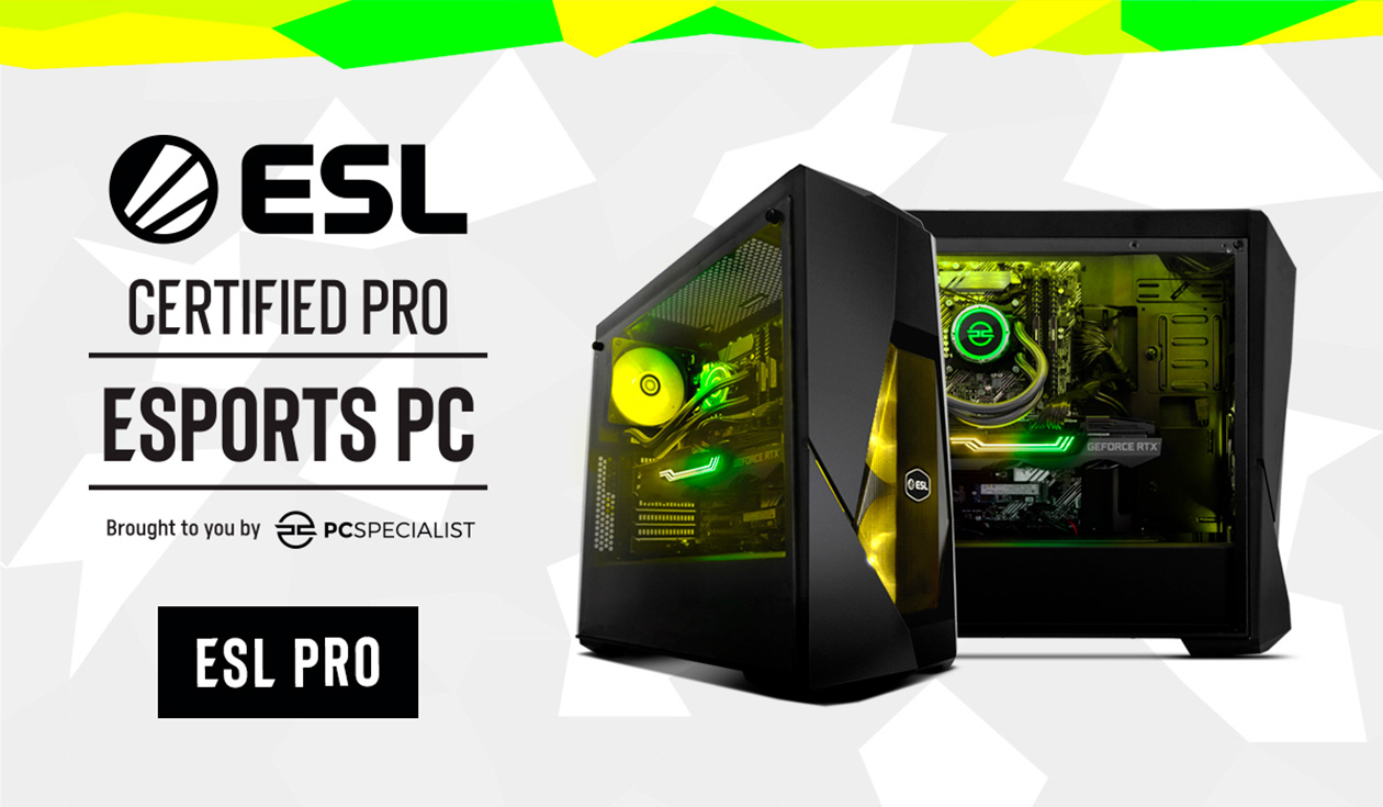 ESL PRO V2 fra PCSpecialist PCSpecialist PC ved siden av tekst