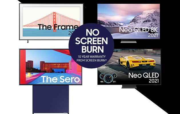  Samsung-TV-er med splash med teksten No screen burn 