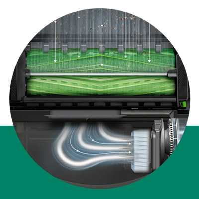 Roomba® j7/Roomba® j7+ -robotstøvsuger En svart robotstøvsuger med undersiden opp
