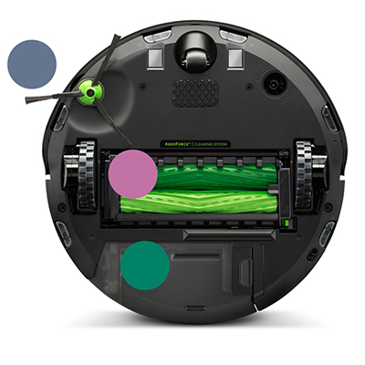 Roomba® j7/Roomba® j7+ -robotstøvsuger En svart robotstøvsuger med undersiden opp