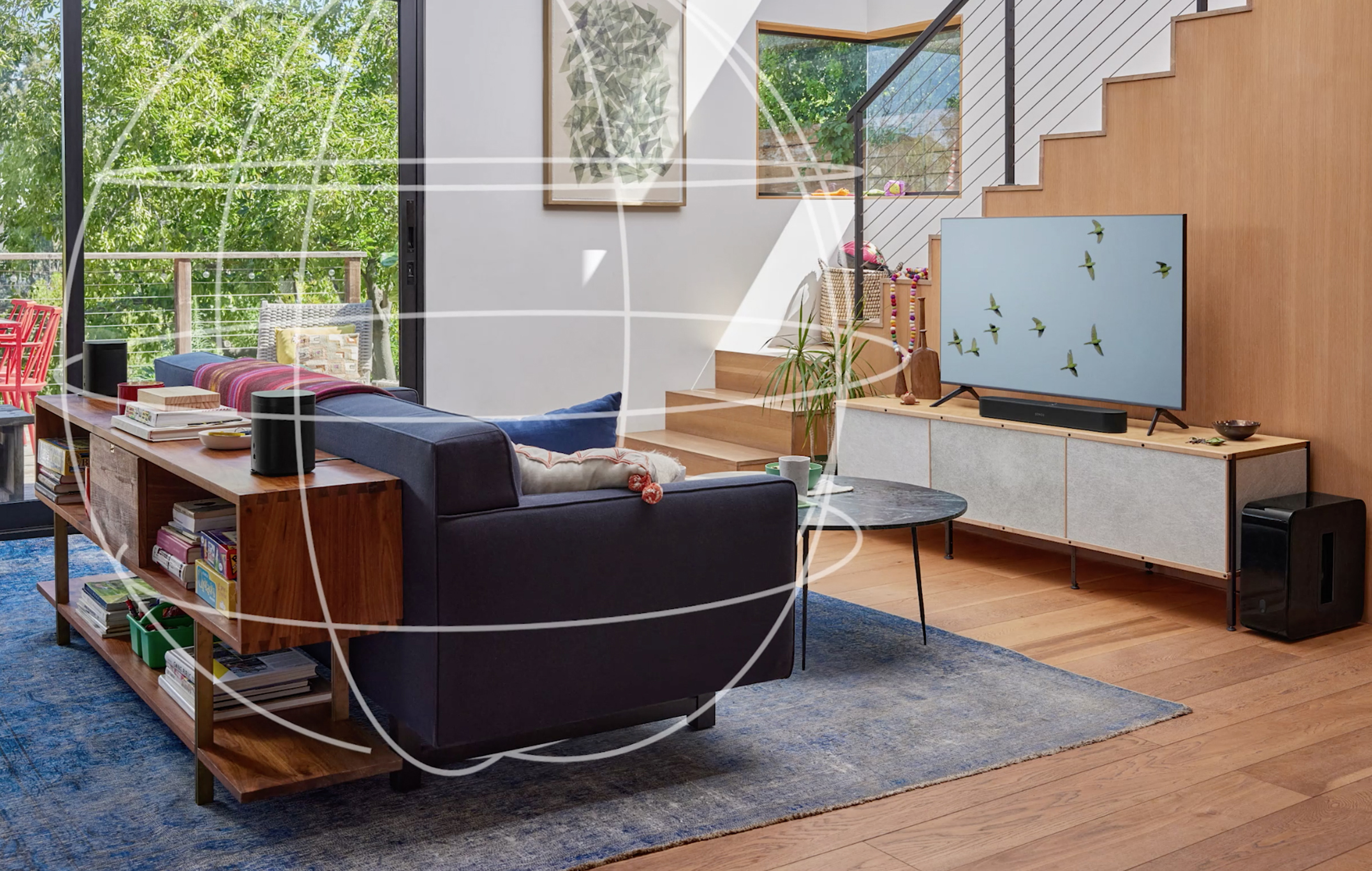 Dolby Atmos plasserer hver enkelt lyd i rommet for en 3D-effekt Sonos Beam (Gen 2) i stue med lydeffekter