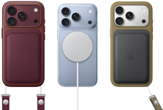 Fra venstre mot høyre, iPhone 18 Pro med skinndeksel i burgunder og håndleddsrem i burgunder, iPhone 18 Pro i isbre med hvit MagSafe-lader festet, iPhone 18 Pro i sølv med grønn lommebok i skinn med håndleddsrem