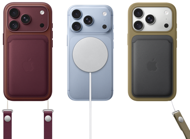 Fra venstre mot høyre, iPhone 18 Pro med skinndeksel i burgunder og håndleddsrem i burgunder, iPhone 18 Pro i isbre med hvit MagSafe-lader festet, iPhone 18 Pro i sølv med grønn lommebok i skinn med håndleddsrem