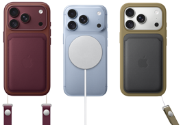 Fra venstre mot høyre, iPhone 18 Pro med skinndeksel i burgunder og håndleddsrem i burgunder, iPhone 18 Pro i isbre med hvit MagSafe-lader festet, iPhone 18 Pro i sølv med grønn lommebok i skinn med håndleddsrem