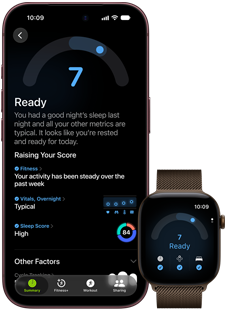 En iPhone 18 Pro i fargen svart vises forfra med resultatet fra en kapasitetsvurdering (på 7) på skjermen. Den er sammenkoblet med en Apple Watch i fargen brun, som også vises forfra med samme kapasitetsvurdering på 7 på skjermen.