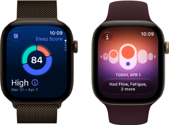 Apple Watch Series 12 med urkasse av aluminium i mørk bronse og Milanese Loop i mørk bronse. Skjermen viser et sirkeldiagram med søvnscore og på siden vises Digital Crown.