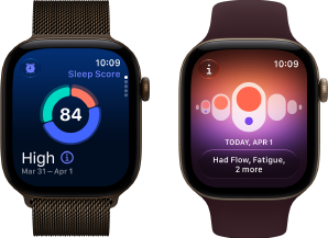 Apple Watch Series 12 med urkasse av aluminium i mørk bronse og Milanese Loop i mørk bronse. Skjermen viser et sirkeldiagram med søvnscore og på siden vises Digital Crown.