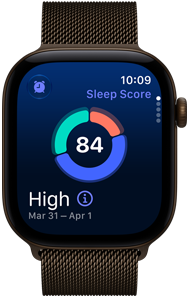 Apple Watch Series 12 med urkasse av aluminium i mørk bronse og Milanese Loop i mørk bronse. Skjermen viser et sirkeldiagram med søvnscore og på siden vises Digital Crown.