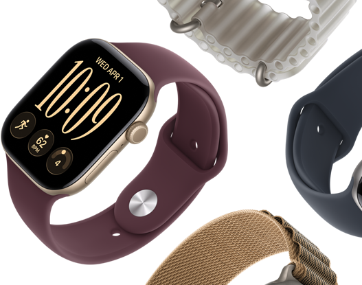 Remmer til Apple Watch Series 11: Sport Band i lilla dis, Ocean Band i ankerblå, Alpine Loop i lyseblå.