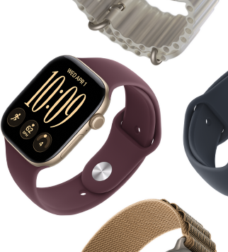 Remmer til Apple Watch Series 11: Sport Band i lilla dis, Ocean Band i ankerblå, Alpine Loop i lyseblå.