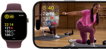 Apple Watch ved siden av en iPhone med en Apple Fitness+-økt på skjermen.