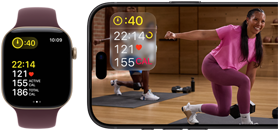 Apple Watch ved siden av en iPhone med en Apple Fitness+-økt på skjermen.