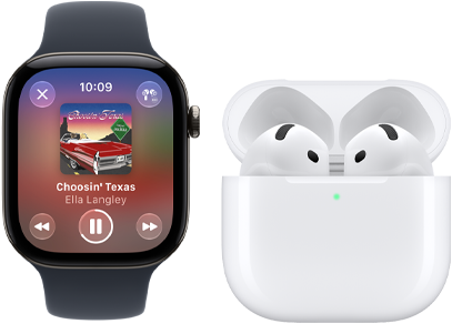Skjermen på Apple Watch Series 12 med urkasse av aluminium i svart og Sport Band i svart viser at Musikk-appen er åpen. Klokken er sammenkoblet med AirPods 4.