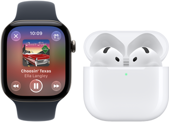 kjermen på Apple Watch Series 12 med urkasse av aluminium i svart og Sport Band i svart viser at Musikk-appen er åpen. Klokken er sammenkoblet med AirPods 4.