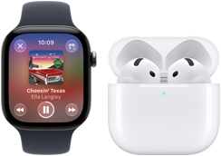 kjermen på Apple Watch Series 12 med urkasse av aluminium i svart og Sport Band i svart viser at Musikk-appen er åpen. Klokken er sammenkoblet med AirPods 4.