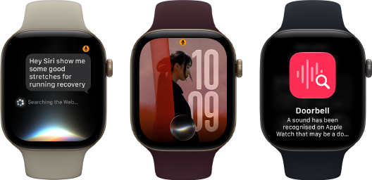 Tre Apple Watch Series 12-enheter vises. Den første har urkasse av aluminium i lys gull, Sport Band i sand og viser en Siri AI-samtale. Den andre har urkasse av aluminium i lys gull, Sport Band i burgunder og en personlig tilpasset bildeurskive med en Siri-komplikasjon. Den tredje har urkasse av aluminium i stellargrå, Sport Band i svart og viser et Siri-sammendrag.