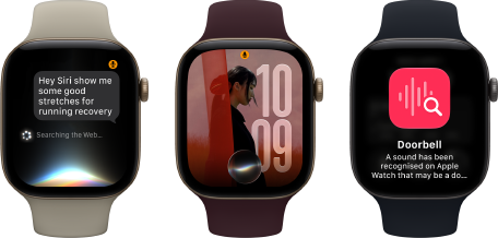 Tre Apple Watch Series 12-enheter vises. Den første har urkasse av aluminium i lys gull, Sport Band i sand og viser en Siri AI-samtale. Den andre har urkasse av aluminium i lys gull, Sport Band i burgunder og en personlig tilpasset bildeurskive med en Siri-komplikasjon. Den tredje har urkasse av aluminium i stellargrå, Sport Band i svart og viser et Siri-sammendrag.