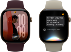 Tre Apple Watch Series 12-enheter vises. Den første har urkasse av aluminium i lys gull, Sport Band i sand og viser en Siri AI-samtale. Den andre har urkasse av aluminium i lys gull, Sport Band i burgunder og en personlig tilpasset bildeurskive med en Siri-komplikasjon. Den tredje har urkasse av aluminium i stellargrå, Sport Band i svart og viser et Siri-sammendrag.
