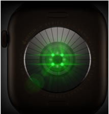 Baksiden av Apple Watch Series 12 med urkasse av aluminium i mørk bronse og Sport Band i oliven. Flere runde sensorer med glødende grønne LED-lys vises. På venstre side av urkassen vises Digital Crown.