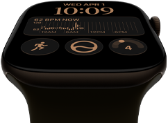 Apple Watch Series 12 med urkasse av aluminium i mørk bronse og Sport Band i oliven. På urskiven vises komplikasjonene dag og dato, treningsøkter, aktivitetsringer og Musikk. På høyre side av urkassen vises Digital Crown.