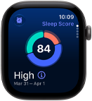 Apple Watch Series 12 med urkasse av aluminium i stellargrå viser et sirkeldiagram med søvnscore. På høyre side av urkassen vises Digital Crown.