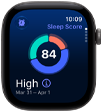 Apple Watch Series 12 med urkasse av aluminium i stellargrå viser et sirkeldiagram med søvnscore. På høyre side av urkassen vises Digital Crown.