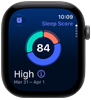 Apple Watch Series 12 med urkasse av aluminium i stellargrå viser et sirkeldiagram med søvnscore. På høyre side av urkassen vises Digital Crown.