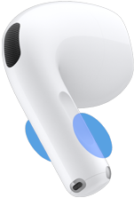 AirPods 5 vist fra utsiden, med blå sirkler som markerer hvor du må trykke på stilken for å justere volumet