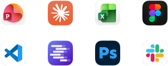 Appsymboler for Microsoft PowerPoint, Claude av Anthropic, Microsoft Excel, Figma, Visual Studio Code, LM Studio, Adobe Photoshop og Slack