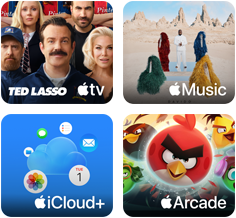 Fire ruter vises. Apple TV-ruten viser karakterer fra serien Ted Lasso. Musikk-ruten viser omslaget til Davidos album 5ive. iCloud+-ruten viser en sky omgitt av appsymbolene for Bilder, Kalender, Mail, Påminnelser, Meldinger og Filer. Apple Arcade-ruten viser karakterer fra spillet Angry Birds.
