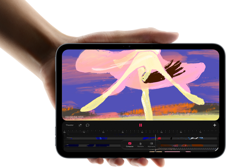 iPad mini vist forfra, holdt i en hånd, viser et grensesnitt for videoredigering med fargerike klipp, A20 Pro-chipen nevnt nedenfor